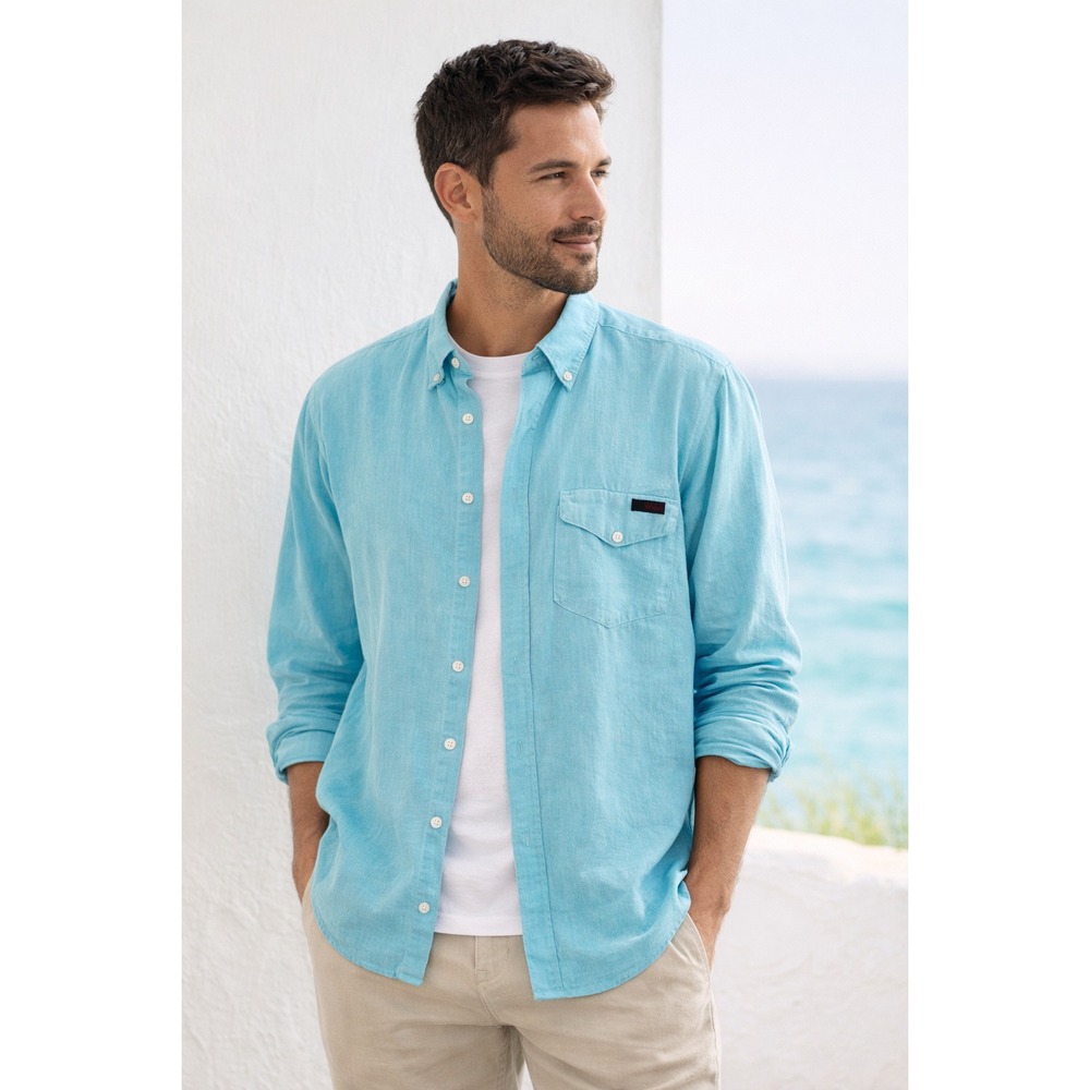 Vtg W Germany Turquoise Linen Shirt Mens M 42 Daniel Hechter Preppy Euro Resort